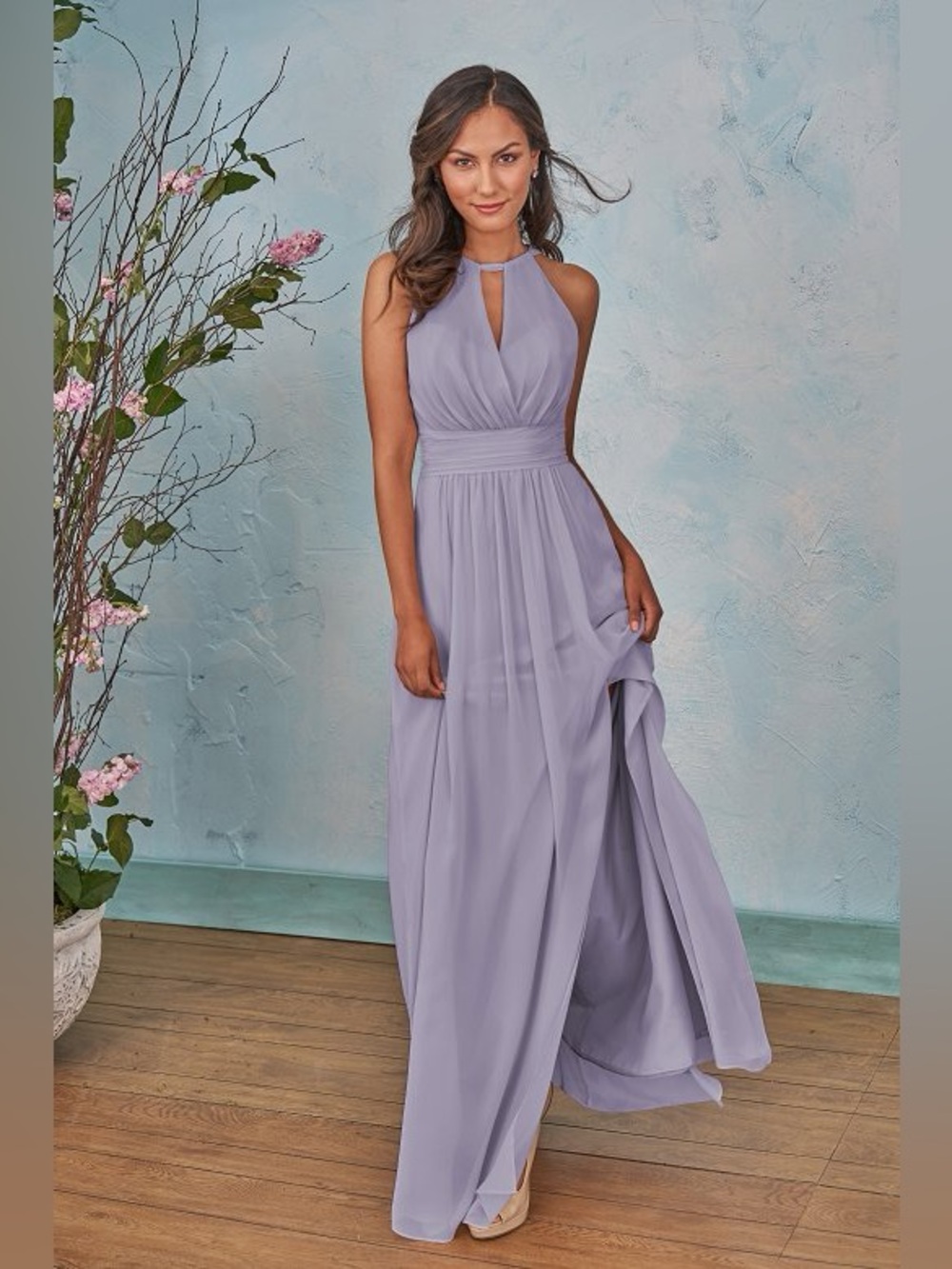 B203004 Long Halter Neckline Poly Chiffon Bridesmaid Dress Front Slit 12 Violet